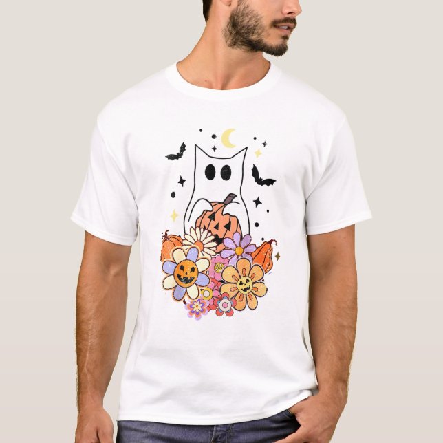 Camiseta Disfraz de Halloween para gatos fantasma (Anverso)