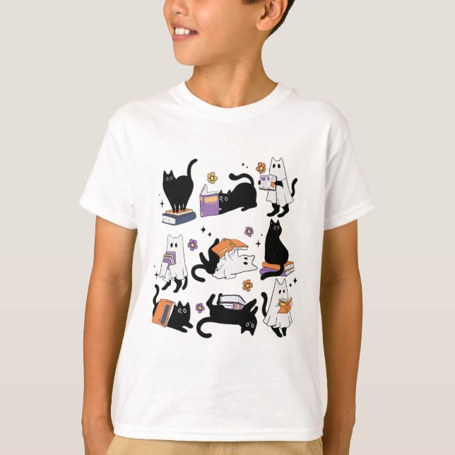 Camiseta Disfraz de libro de lectura de gato negro fantasma (Anverso)