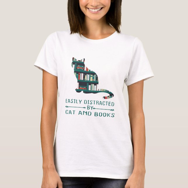 Camiseta Distracción fácil por gatos y libros (Anverso)