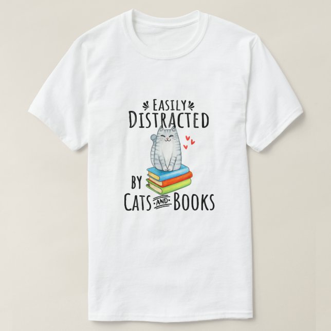 Camiseta Distracción fácil por gatos y libros (Diseño del anverso)