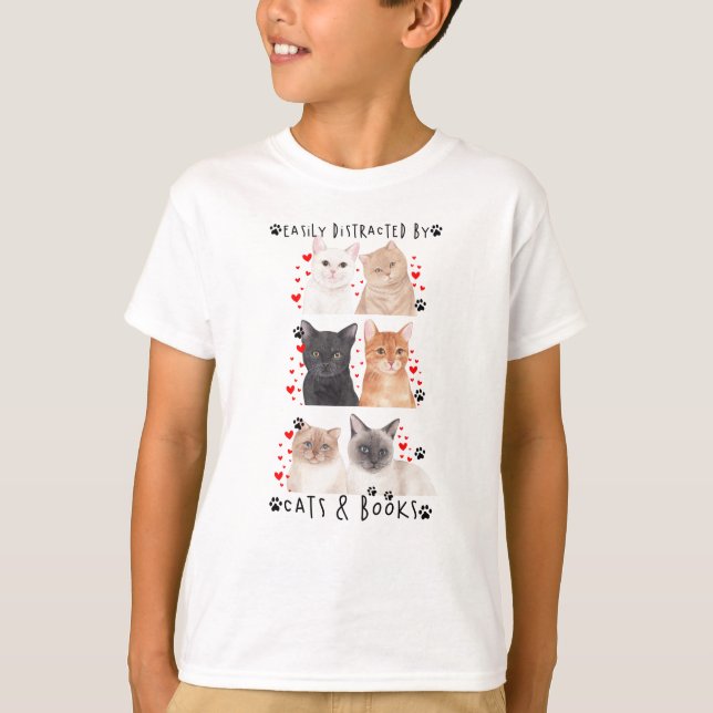 Camiseta Distracción fácil por gatos y libros (Anverso)