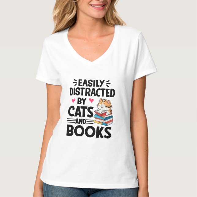 Camiseta Distracción fácil por gatos y libros (Anverso)
