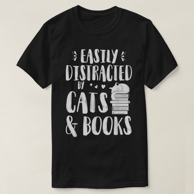 Camiseta Distracción fácil por gatos y libros para el libro (Diseño del anverso)