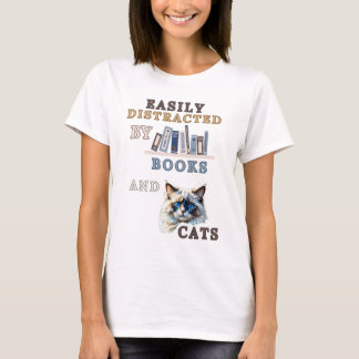 Camiseta Distracción Fácil Por Libros Y Gatos - Gato Ragdol