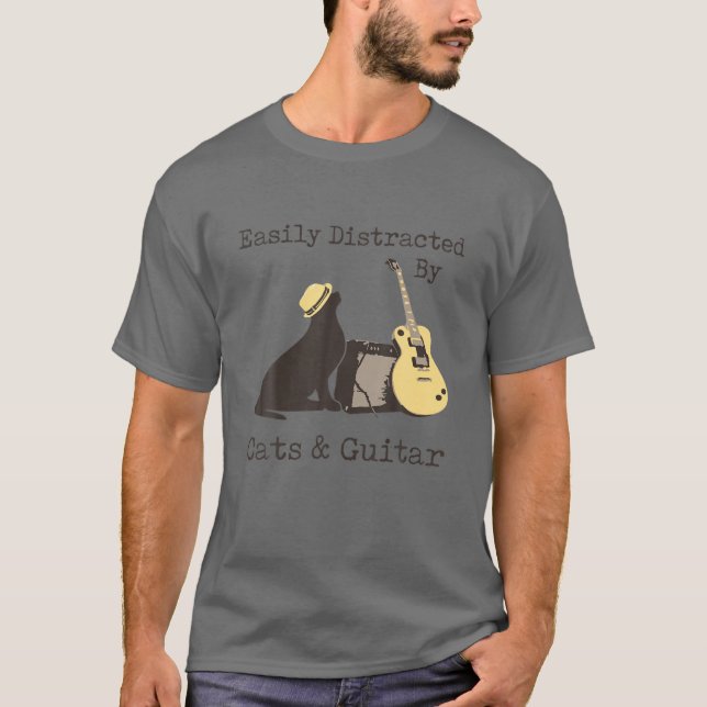 Camiseta Distraído Fácilmente Por Gatos Y Guitarra (Anverso)