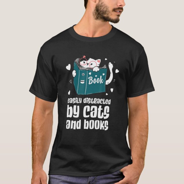 Camiseta Distraído Fácilmente Por Gatos Y Libros Cat Y Book (Anverso)