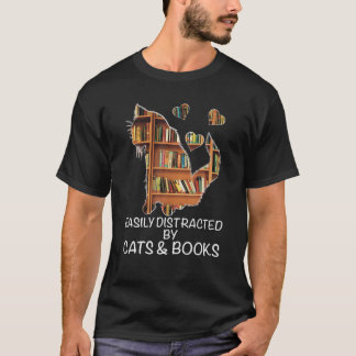 Camiseta Distraído Fácilmente Por Gatos Y Libros Graciosos