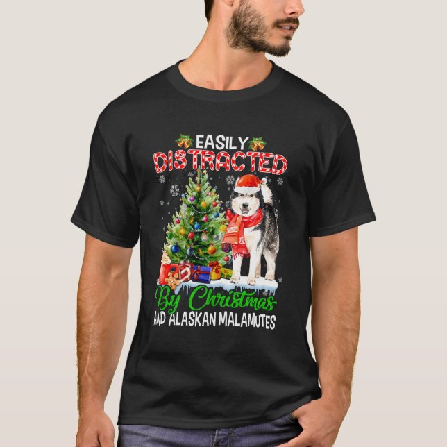 Camiseta Distraído Fácilmente Por Y Alaskan Malamutes Xmas  (Anverso)