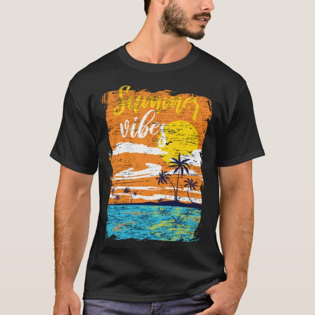 Camiseta Distressed Summer Vibes Retro Sunset Beach Palm Tr (Anverso)