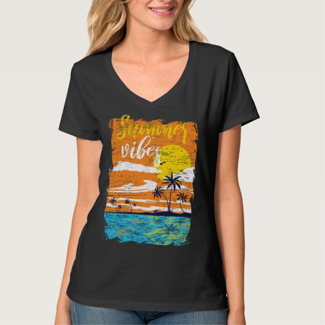 Camiseta Distressed Summer Vibes Retro Sunset Beach Palm Tr (Anverso)