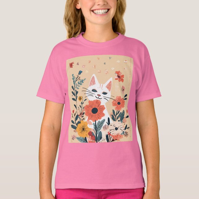 Camiseta "Diversión floral: Tiempo de juego del gato con fl (Anverso)