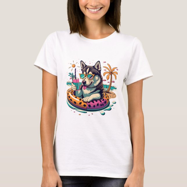 Camiseta Diversión vertida de verano con el tierno perro hi (Anverso)