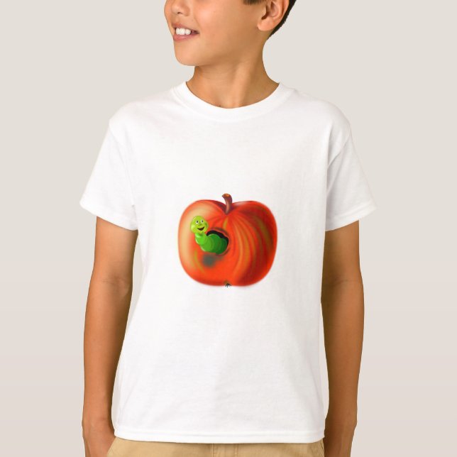 Camiseta divertida con gusano feliz en la manzana  (Anverso)