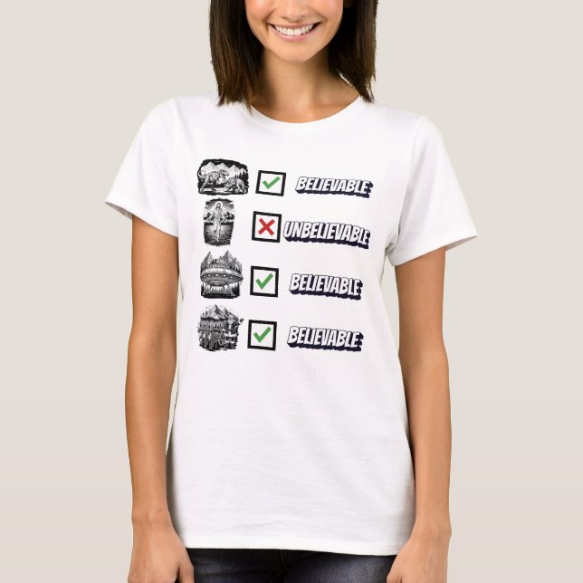 Camiseta divertida de ateo, creíble vs increíble (Anverso)