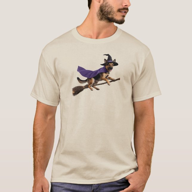 Camiseta divertida de bruja con pastor alemán (Anverso)