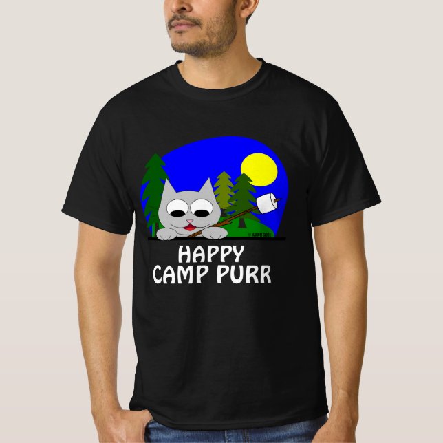 Camiseta Divertida de Gato Acampando Feliz (Anverso)