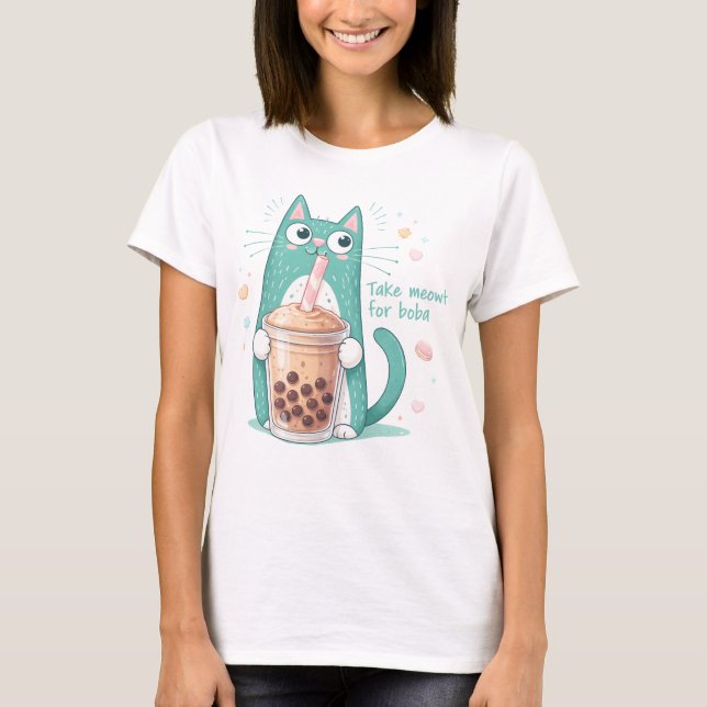 Camiseta Divertida de Gato Bebiendo Boba, Gato Kaw (Anverso)