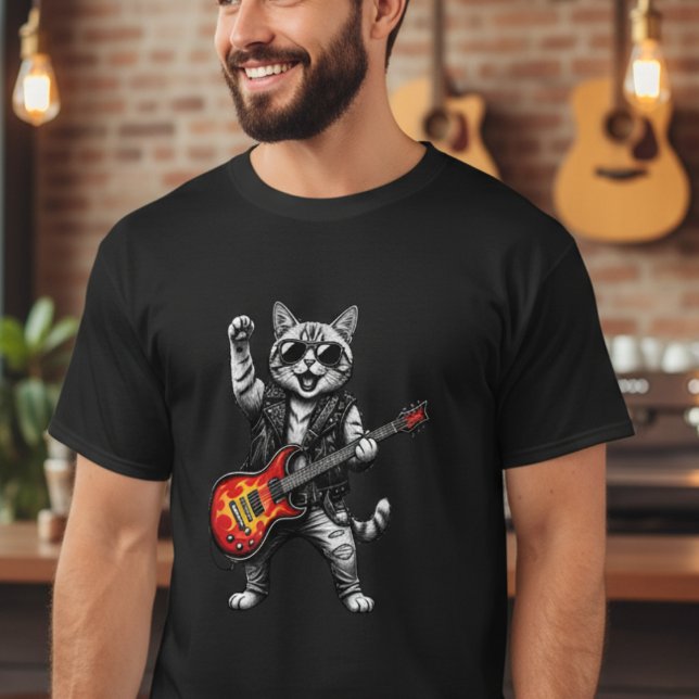 Camiseta divertida de gato estrella de rock con gu (Subido por el creador)