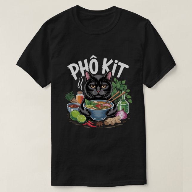 Camiseta divertida de gato negro “Phô Kit” (Diseño del anverso)