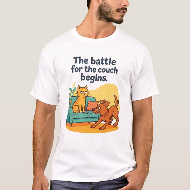 Camiseta divertida de gato y perro - Batalla por e (Anverso)