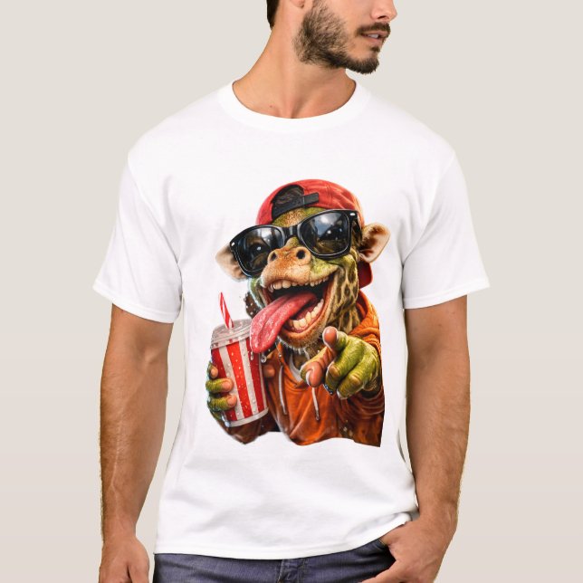 Camiseta divertida de jirafa en modo bebida   (Anverso)