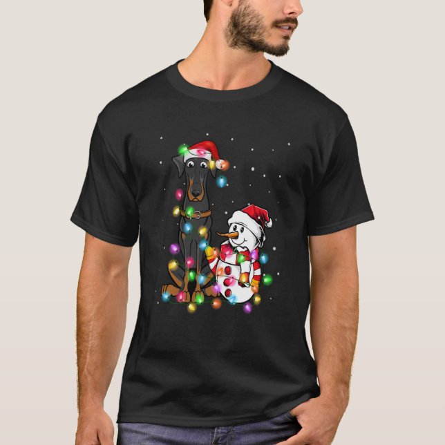 Camiseta Divertida de Navidad con Doberman y Luces (Anverso)