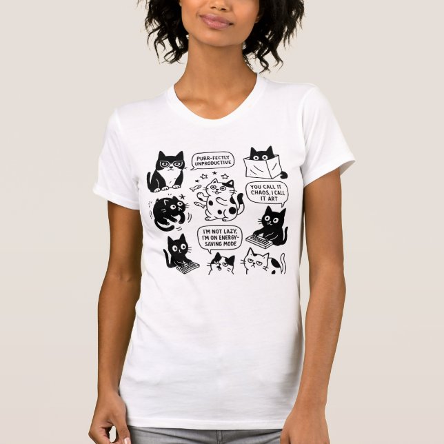 Camiseta divertida de patrón gato negro y blanco (Anverso)