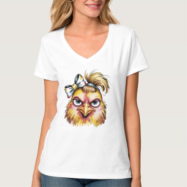 Camiseta divertida de pollo con pelo despeinado y  (Anverso)
