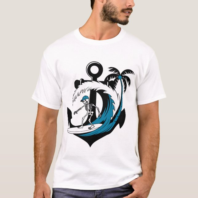 Camiseta divertida de surf con esqueleto playero v (Anverso)