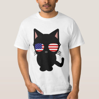 Camiseta Divertida Gato Negro Patriótico Gafas de