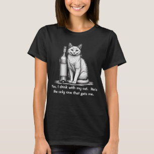 Camiseta divertida para mujeres de gato y vino
