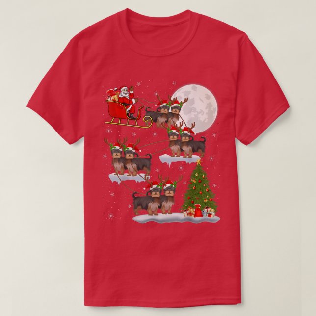 Camiseta Divertido árbol de luz navideño Santa Riding Yorki (Diseño del anverso)