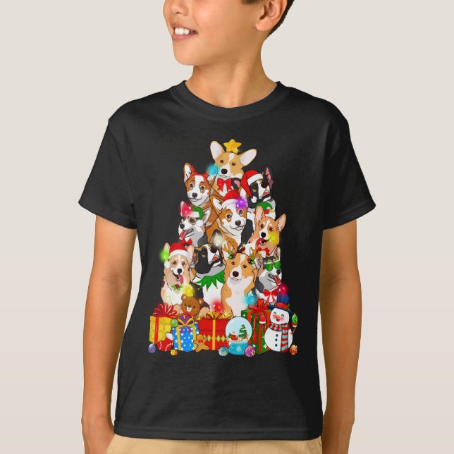 Camiseta Divertido árbol de Navidad Corgi ilumina al perro  (Anverso)