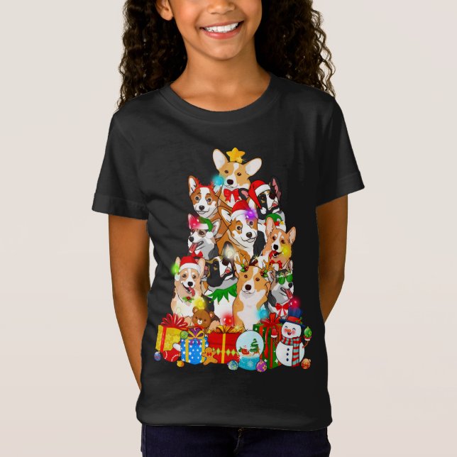 Camiseta Divertido árbol de Navidad Corgi ilumina al perro  (Anverso)
