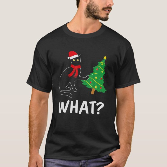 Camiseta Divertido árbol de navidad de gato negro sobre gat (Anverso)