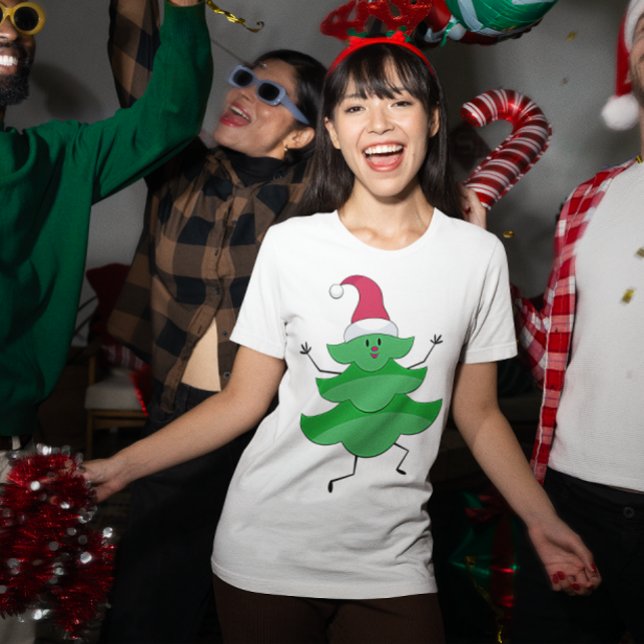 Camiseta Divertido árbol de Navidad Personalizado, Santa Ha (Funny Cartoon Christmas Tree, Santa Hat and Face T-Shirt)