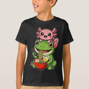 Camiseta Divertido Axolotl y Rana Comiendo Ramen Kawaii