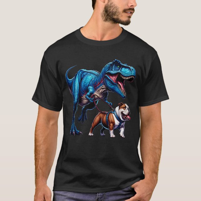 Camiseta Divertido Bulldog de Dinosaurio Caminando Perro Lo (Anverso)