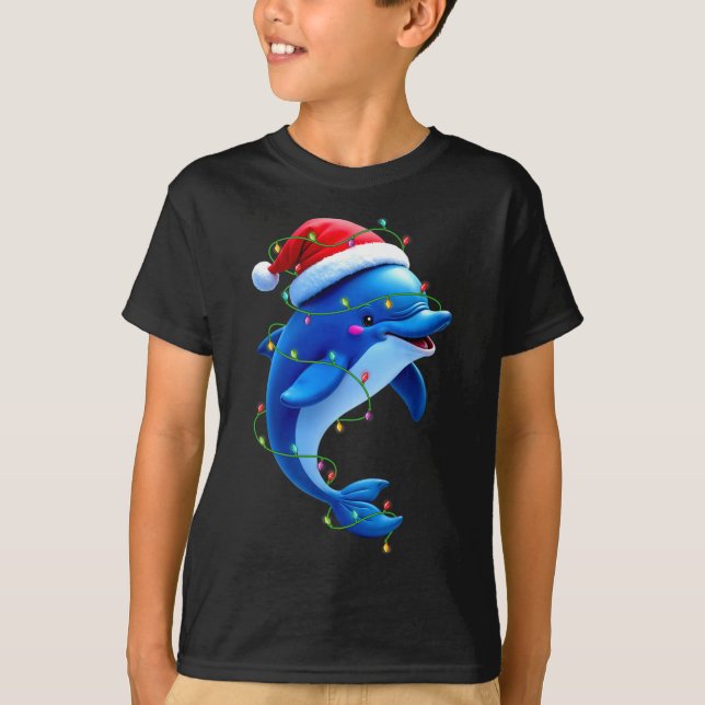 Camiseta Divertido delfín Santa Hat Árbol de Navidad encien (Anverso)
