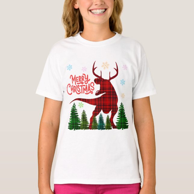 Camiseta divertido dinosaurio de navidad alegre ciervo cuad (Anverso)