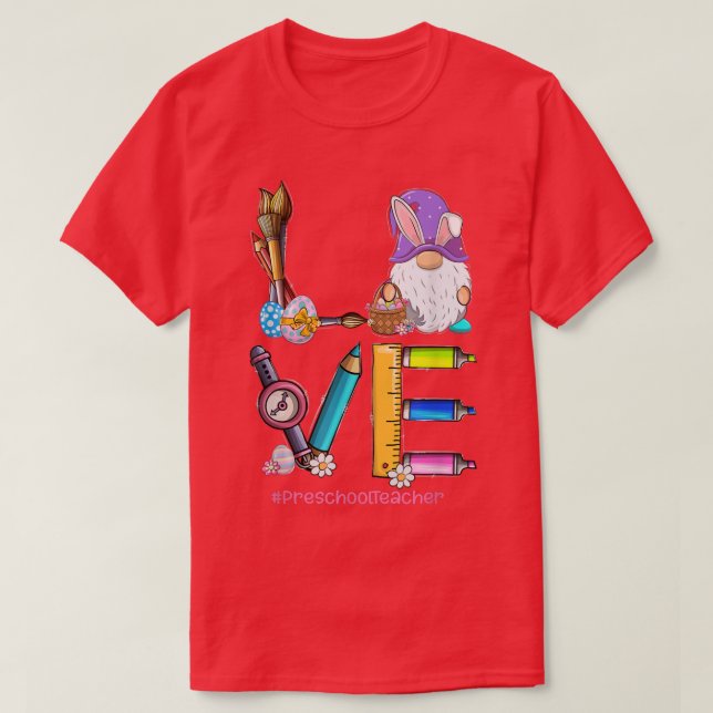 Camiseta Divertido Gnome LOVE Profesora de Preescolar Bunny (Diseño del anverso)