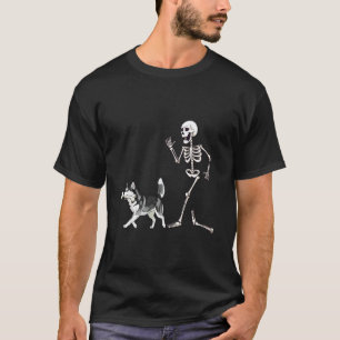 Camiseta Divertido Halloween Siberiano Husky y Esqueleto