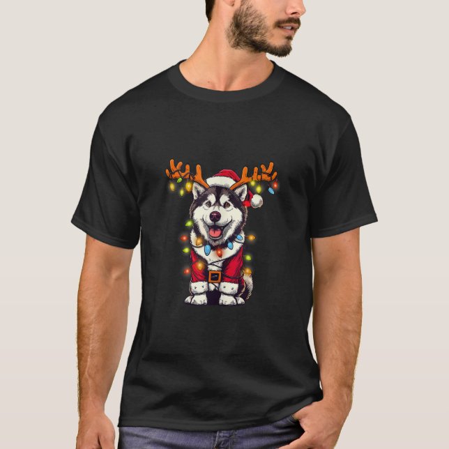 Camiseta Divertido Husky Siberiano Árbol de Navidad enciend (Anverso)