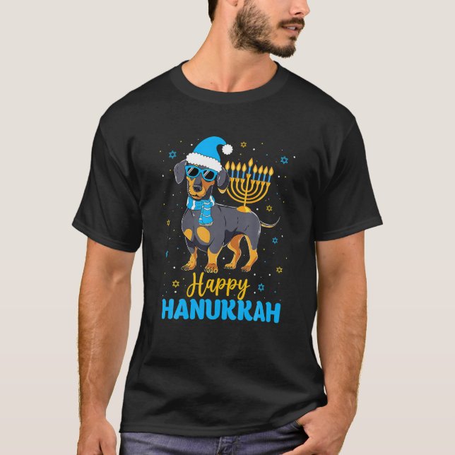 Camiseta Divertido judío Dachshund Menorah Happy Hanukkah (Anverso)