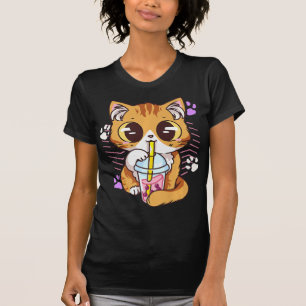 Camiseta Divertido Kawaii Cute Cat Boba Burbuja Leche Té An