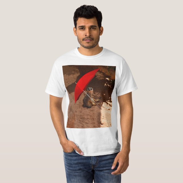 Camiseta Divertido Meerkat Sentado Bajo El Paraguas, (Anverso completo)