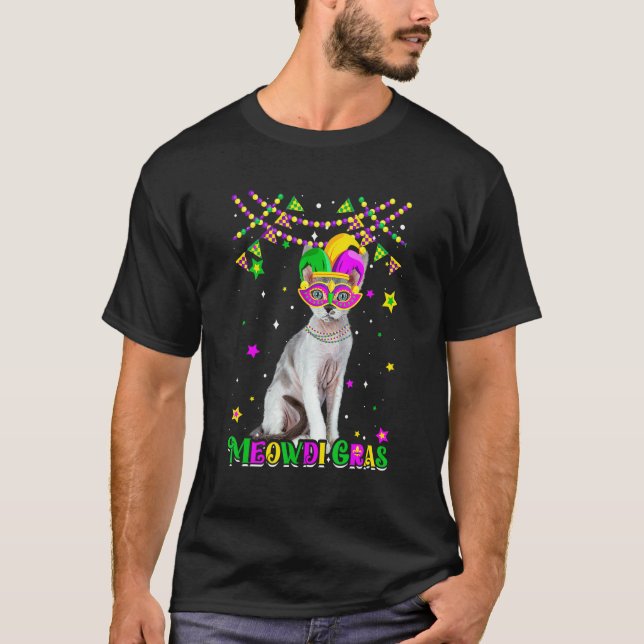 Camiseta Divertido Meowdi Gras Devon Rex Gato Carnaval de M (Anverso)