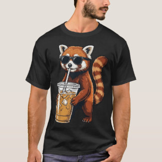 Camiseta Divertido Panda Rojo Adorable Bebiendo Café Helado