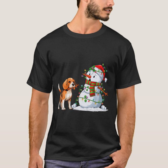 Camiseta Divertido Perro Beagle Snowman Árbol de Navidad en (Anverso)