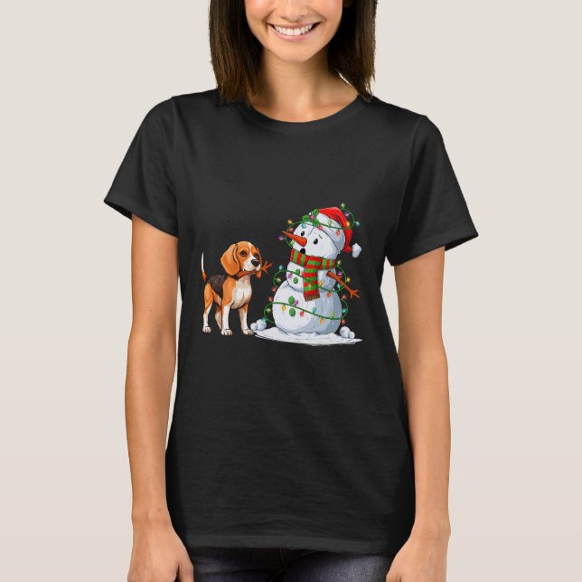 Camiseta Divertido Perro Beagle Snowman Árbol de Navidad en (Anverso)